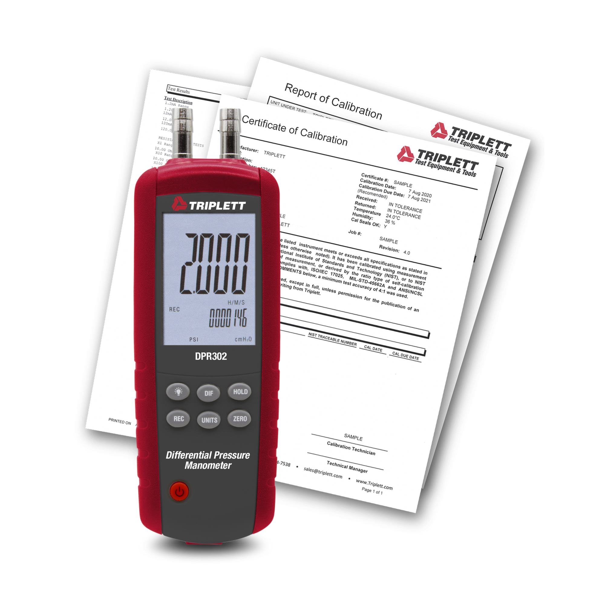 Triplett DPR302-NIST Differential Pressure Manometer, 2psi with Certificate of Traceability to N.I.S.T.